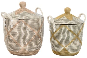 Set coșuri decorative pentru depozitare coral, din iarbă de mare și bumbac, 41×41×57 cm, „Coral"