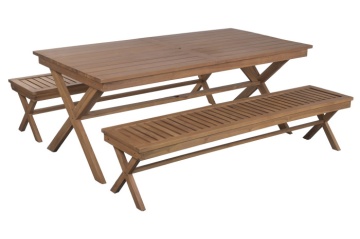 Set dining exterior din lemn masiv de tec, masă și 2 bănci, finisaj natural, „Marino”