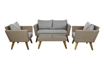 Set lounge exterior din rattan sintetic și structură din lemn și oțel cu canapea, 2 fotolii, masă și perne, finisaj bej-gri, „Zahara