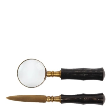 Set lupă și deschizător de scrisori din alamă și lemn de mango, negru, set cadou de birou vintage, finisaj antichizat, 17 cm, „Bibliothèque”