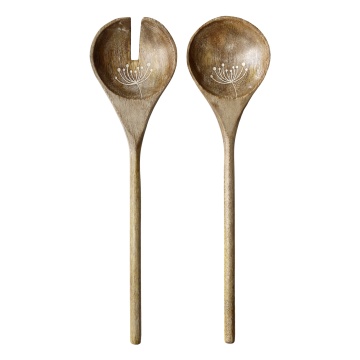 Set tacâmuri pentru salată din lemn masiv de mango, cu flori sculptate, 30.5x7.5 cm, „Tours"