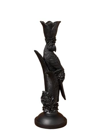 Sfeșnic din rășină cu papagal și frunze sculptate, negru antichizat, finisaj patinat, 32,5×10,5 cm, „Perroquet"