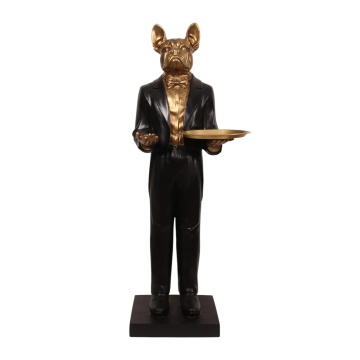 Statuetă decorativă din polirășină, negru, câine majordom cu tavă, 162 x 54 x 53 cm, „Alfred”