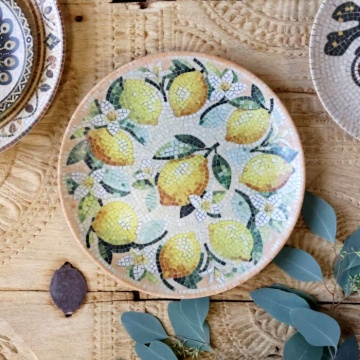 Tavă pentru servire din ceramică cu model mozaic și motiv lămâi, H2,8/D26,5 cm, melon & crem, „Chartres” - Img 2