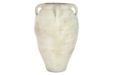Vas decorativ amforă din teracotă artizanală, finisaj craft alb-crem, cu 4 anse, 57×57×93 cm, „Jerba"