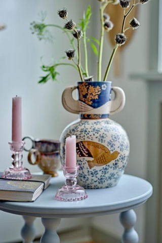 Vază din ceramică albastră cu decor pasăre și model floral pictate manual, cu două toarte laterale, 16,5x23,5 cm, "Hezha" - Img 2