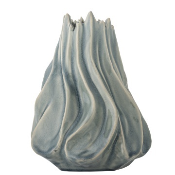 Vază din ceramică, albastru, formă sculpturală cu falduri verticale și margine neregulată, glazură reactivă, 18 x 17 cm, „Dilara” - Img 3