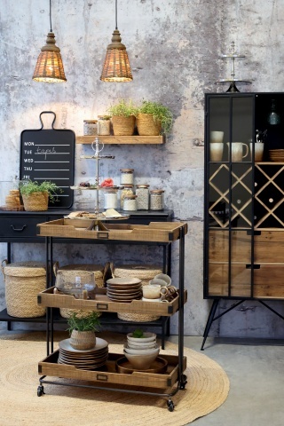 Vitrină bar din metal și lemn reciclat, rastel pentru sticle, suport pahare, finisaj negru antichizat, 170×65×36,5 cm, „Fonderie" - Img 3