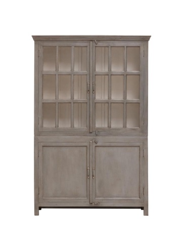 Vitrină clasică din lemn masiv de mango cu 4 uși vitrate și rafturi, finisaj gri antichizat, 135×42×204 cm, „Cheverny"