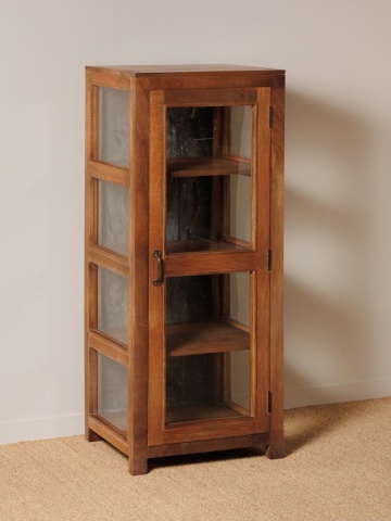 Vitrină mică rustică din lemn reciclat, maro, cu 1 ușă vitrată, laterale vitrate și 3 rafturi, finisaj natural, 127 x 54 x 46 cm, „Marcel” - Img 4