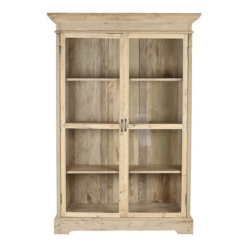 Vitrină rustică din lemn reciclat, natur, cu 2 uși vitrate, 3 rafturi și console sculptate, 209 x 130 x 55 cm, „Pastel”