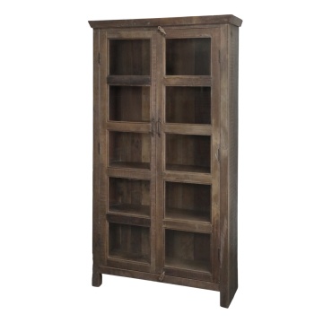 Vitrină rustică din lemn reciclat, natur, cu 2 uși vitrate, 5 rafturi și cornișă profilată, 185 x 100 x 40 cm, „Grimaud”