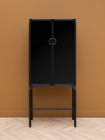 Vitrină vintage din metal, cu 2 uși din sticlă opacă, 3 rafturi și mânere circulare aurii, negru, finisaj lucios, 70×38×162 cm, „Ashbury" - Img 2