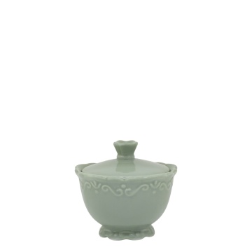 Zaharnița din porțelan verde mentă, H9/D10 cm, model dantelă în relief, „Provence"