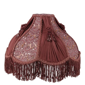Abajur victorian din tafta, șifon și catifea, roșu, cu broderie cu mărgele, ciucuri și franjuri, 20 x 35 cm, „Pourpre”