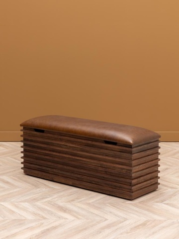 Banchetă din piele naturală cu structură și spațiu de depozitare din lemn de acacia, maro antichizat, finisaj lucios, 110×40,5×36 cm, „Leya" - Img 7