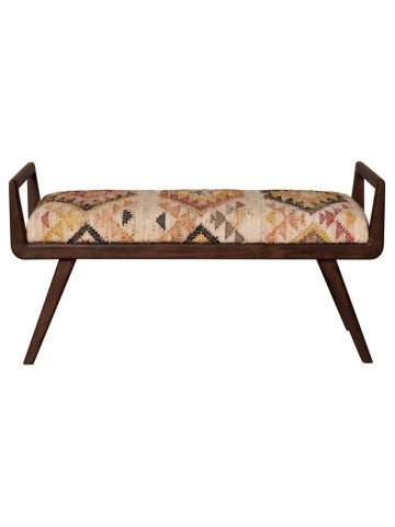 Banchetă hol bej din kilim de iută și lână și lemn de acacia maro închis, cu brațe, 56 x 112 x 40 cm, „Fiera”