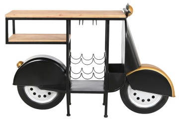 Bar decorativ din metal, negru, formă de scuter cu blat din lemn și suport pentru sticle și pahare, finisaj vopsit, 92 x 134 x 36 cm, „Menton”
