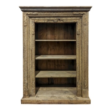 Bibliotecă din lemn masiv de teak cu sculpturi antice, finisaj natural, 3 rafturi, 120×50×180 cm, „Haveli"