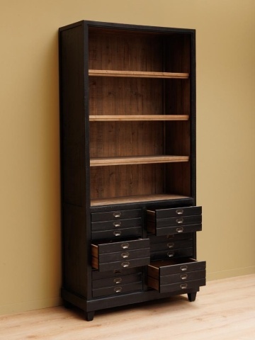 Bibliotecă vintage din lemn, neagră și natur, cu 3 rafturi deschise și 6 sertare, 200 x 100 x 45 cm, „Voltaire” - Img 5