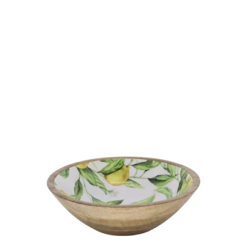 Bol decorativ pentru servire, stil mediteranean, decor lămâi, din lemn de mango, „Tours”
