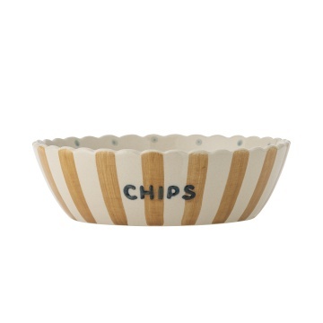 Bol din ceramică artizanală, multicolor, pictat manual cu dungi verticale, buline și margine ondulată, 24x7 cm, „Chip"