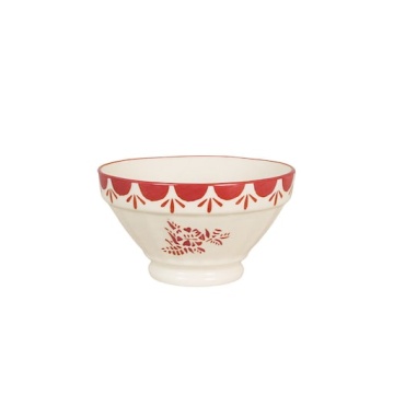 Bol din ceramică artizanală, natur, cu motive florale pictate manual roșu și bordură decorativă, 14×8 cm, „Marion"