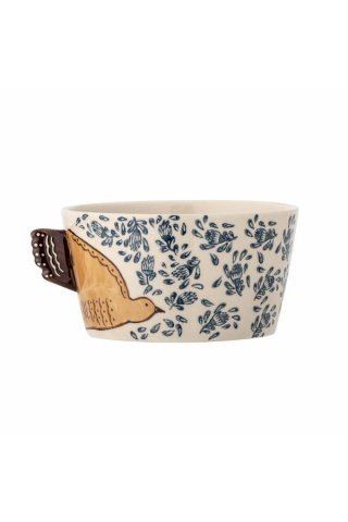 Bol din ceramică bej cu decor pasăre și motive florale pictate manual în tonuri de albastru și maro, 13x7 cm, "Hezha"