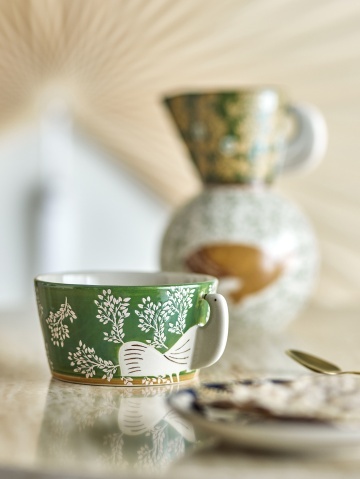Bol din ceramică verde cu model de frunze și pasăre pictate manual, 13×7 cm, „Hezha" - Img 4