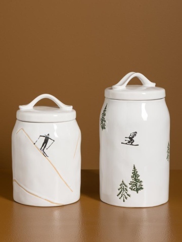 Borcan din ceramică albă cu motive de iarnă pictate manual, 22,5 × 12 cm, „Slalom" - Img 6