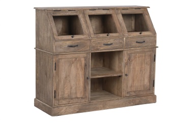 Bufet cu vitrină din lemn de mango, maro, cu 3 uși vitrate înclinate, 3 sertare, 2 uși și nișă deschisă, aspect rustic, 106 x 124 x 45 cm, „Aubenas” - Img 3