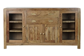 Bufet din lemn de acacia în stil campaign, natur, cu 2 uși vitrate, 2 uși cu panouri, 2 sertare și mânere încastrate, lungime 150 cm, „Amara”