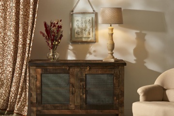 Bufet rustic din lemn de mango și acacia, natur, cu 2 uși cu plasă metalică și mânere din metal, 76 x 115 x 42 cm, „Campagne” - Img 11