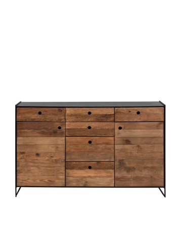 Bufet rustic din lemn de pin, natur și negru, cu 2 uși, 6 sertare și cadru din metal negru, stil industrial, 91 x 146 x 40 cm, „Utah”