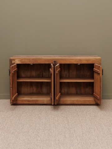 Bufet rustic din lemn reciclat și metal, natur, cu 4 uși, mânere din metal și îmbinări în coadă de rândunică, 87 x 163 x 44 cm, „Rochehau” - Img 3