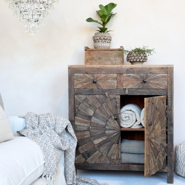 Bufet rustic din lemn vechi reciclat, 2 uși cu decor solar sculptat, 2 sertare, 90 cm, „Grimaud" - Img 2