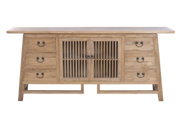 Bufet rustic în stil oriental, din lemn de ulm reciclat, natur, cu 2 uși cu grilaj, 6 sertare și siluetă trapezoidală, 79 x 180 x 42 cm, „Joyeuse”