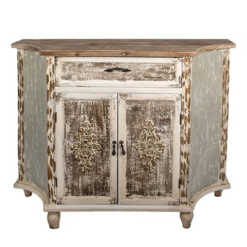 Bufet vintage shabby chic din lemn, alb și gri, cu 2 uși cu ornamente în relief, 1 sertar și colțuri teșite, 97 x 120 x 40 cm, „Maisonette”