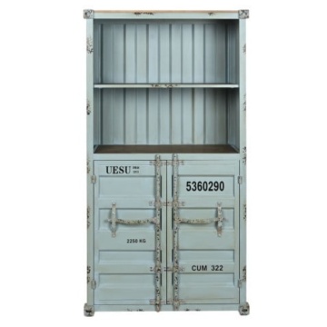 Bufet vintage, stil industrial, din metal, turcoaz, cu 2 uși și rafturi deschise, decor de container maritim, 168,5 x 87 x 44 cm, „Cargo”