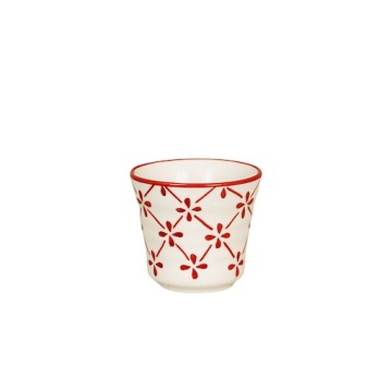 Cană din ceramică artizanală, natur, cu motive florale pictate manual în roșu și bordură decorativă, fără mâner, 7,3 × 6,5 cm, „Marion Clover"
