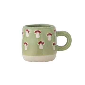 Cană mică din ceramică verde, pictată manual cu motiv ciuperci roșii, „Millie", 6 x 7 cm, 110 ml