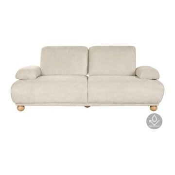 Canapea 2 locuri din stofă bouclé crem, cu spătare rabatabile și picioare sferice din lemn, 85 x 220 x 111 cm, „Sofia”