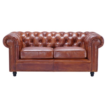 Canapea Chesterfield 2 locuri din piele naturală cognac, cu ținte decorative și picioare strunjite negre, 75 x 180 x 97 cm, „Classic Chic”