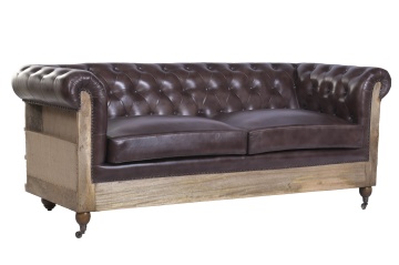 Canapea Chesterfield 2 locuri din piele naturală maro închis, cu cadru din lemn de mango și iută la vedere, pe roți, 80 x 190 x 77 cm, „Cassis” - Img 3