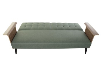 Canapea extensibilă 3 locuri din stofă verde, cu brațe din lemn de eucalipt și picioare din metal, aspect retro, 81 x 204 x 87 cm, „Futuro Green” - Img 6