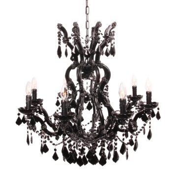 Candelabru din metal și sticlă, negru, cu 8 brațe tip lumânare și cristale negre, stil baroc, 78 x 73 cm, „Maria Theresa”