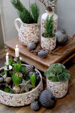 Carafă din ceramică cu frunze și fructe de pădure, aspect vintage, H15.5/L16/W13 cm - Img 3