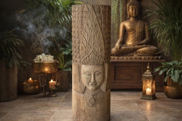 Coloană decorativă din lemn masiv de tec, maro, cu Buddha sculptat manual, finisaj natural, 103 x 40 x 40 cm, „Ayutthaya” - Img 2