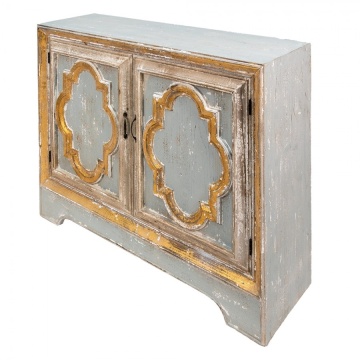 Comodă cu 2 uși, vintage, din lemn, gri, cu raft interior și rame aurite polilobate, 91 x 120 x 38 cm, „Alhambra” - Img 3