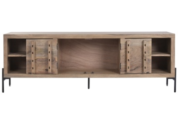 Comodă TV din lemn de acacia și metal, maro, cu 2 uși, 2 nișe cu rafturi, placă rotundă din metal și picioare metalice, 62 x 179,5 x 40 cm, „Orissa” - Img 4